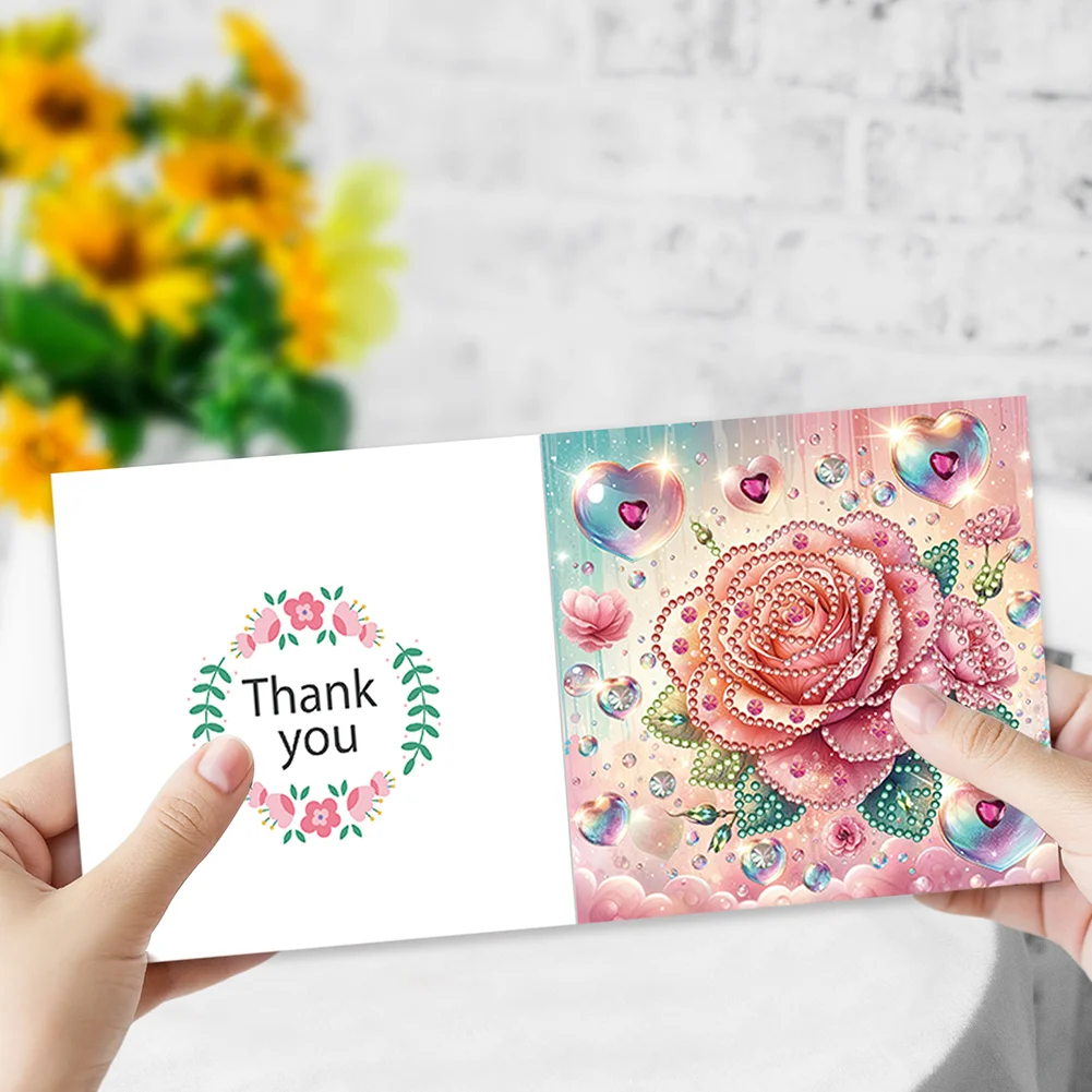 6Pcs Love Rose DIY Diamond Painting Greeting Card 5D Drill Painting Card Kit【With White Envelope】