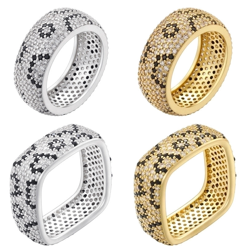 Hip-Hop Retro Round Square Copper Inlay 18K Gold Plated Zircon Open Rings