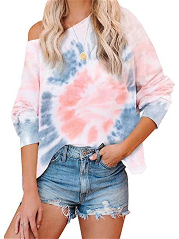 Tie Dye Top Europe and The United States Gradual Color Printing Long Sleeve Round Neck Bat Sleeve Casual T-shirt