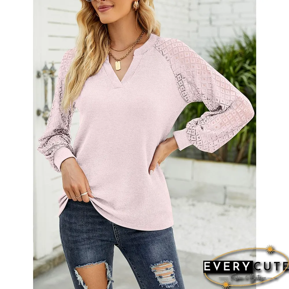 Pink Splicing Lace Long Sleeve V Neck Tops