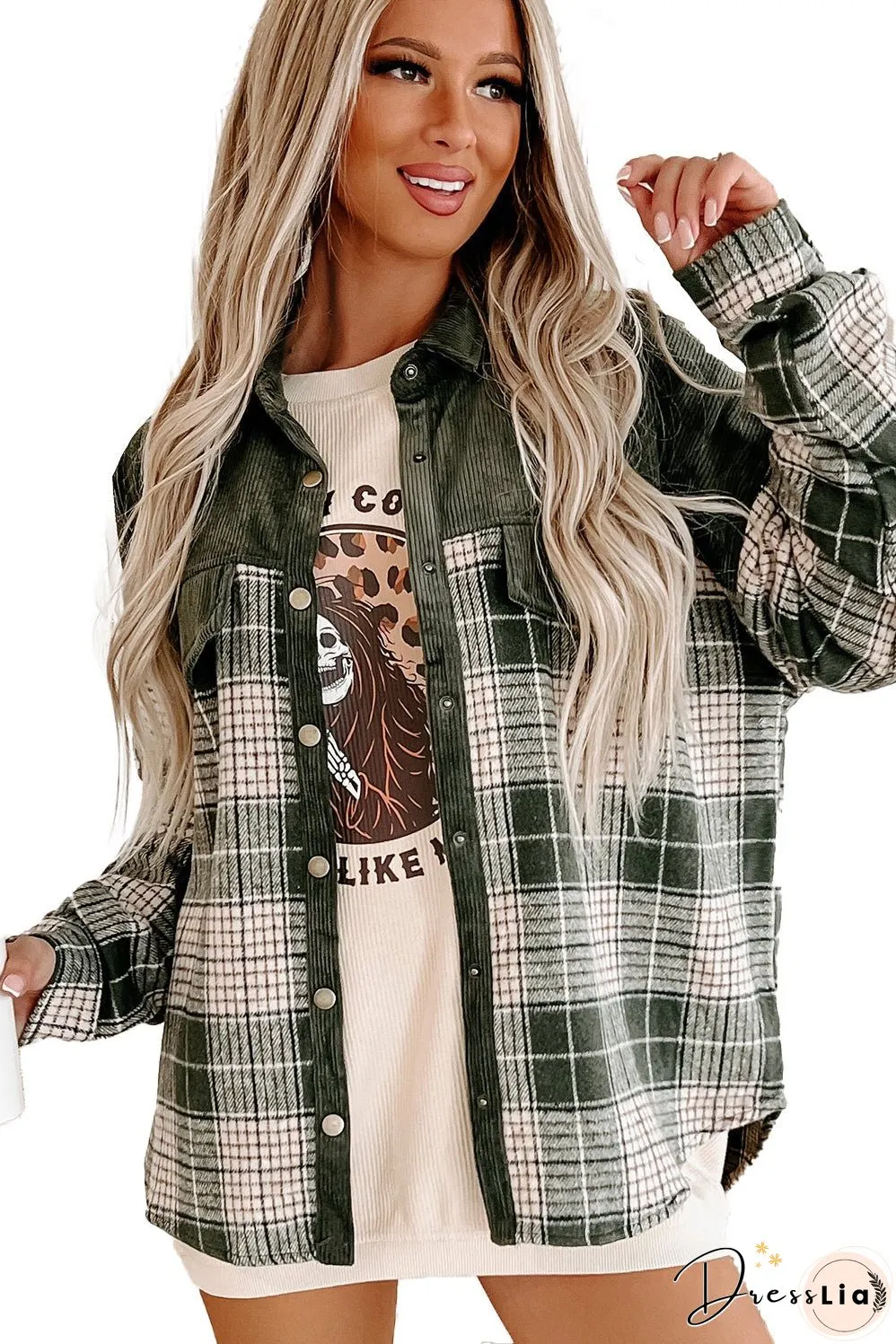 Green Plaid Corduroy Jacket with Pockets
