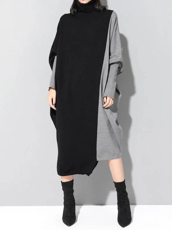 Casual Roomy Split-Joint Contrast Color High-Neck Long Sleeves Dress