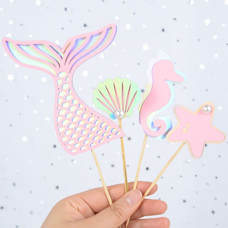 4Pcs/set Mermaid Tail Starfish Cake Toppers Flag Kids Birthday Party Decorations Cupcake Topper Wedding Baby Shower Supplies