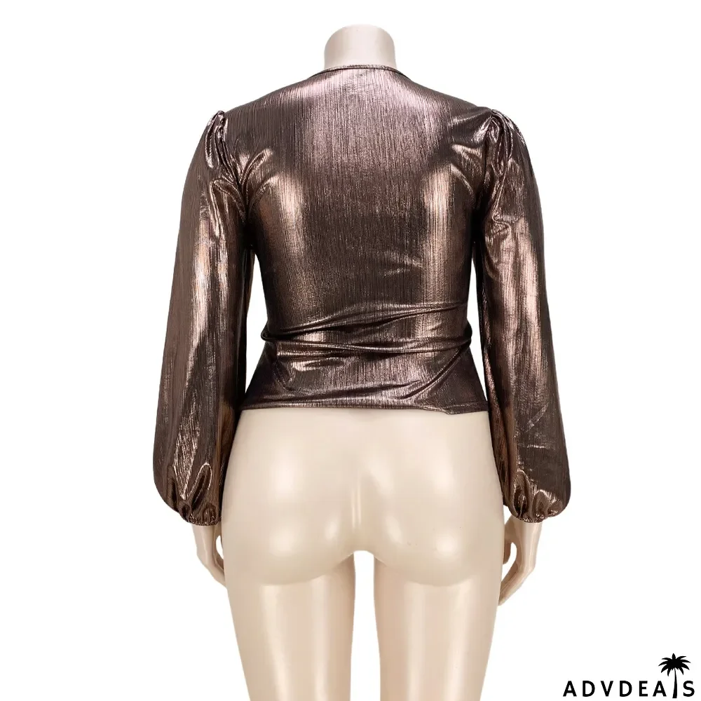 Plus Size Solid V Neck Long Sleeve Top