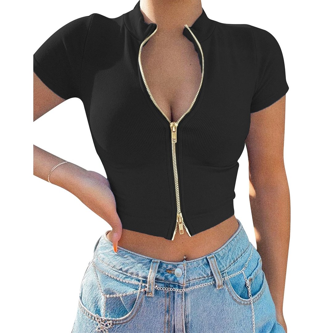 Women's Rib Knit T-Shirt Solid Color Zip Up Crop Tops Street Style Short Sleeve Slim Fit Mock Neck Tees Casual Summer Lady Top