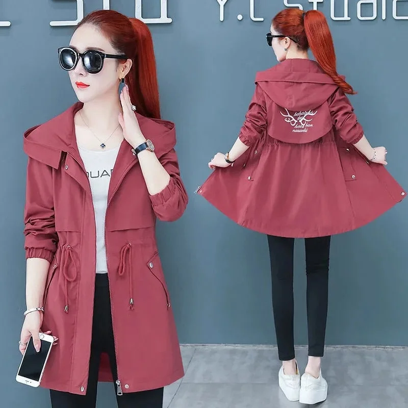 Women's Trench Coat 2021 Autumn New Drawstring Hooded Mid Long Overcoat Plus Size 5XL Female Windbreaker Basic Coats Casual Tops