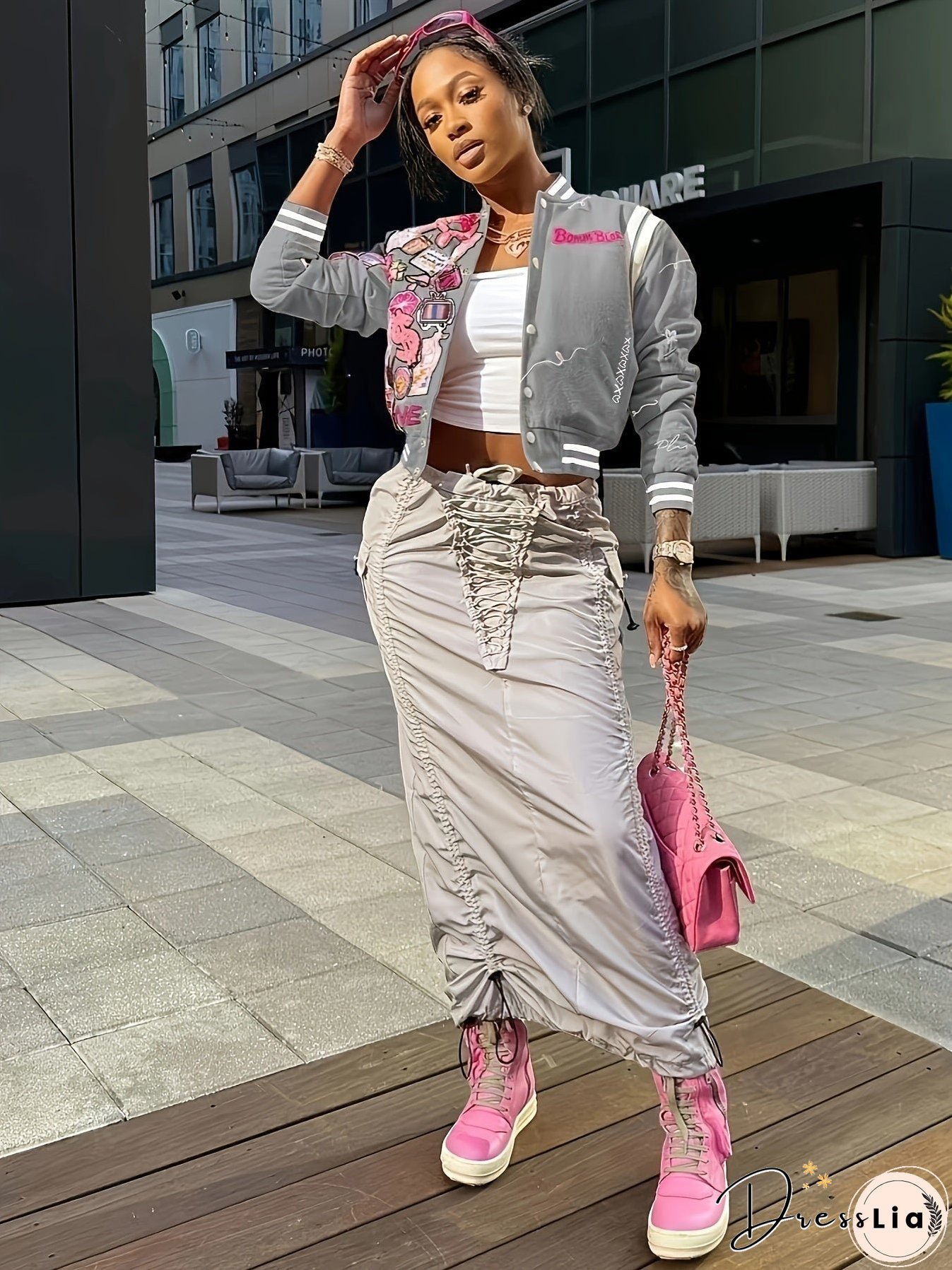 Button Front Bomber Jacket, Streetwear Long Sleeve Jacket For Fall & Winter, Women's Clothing