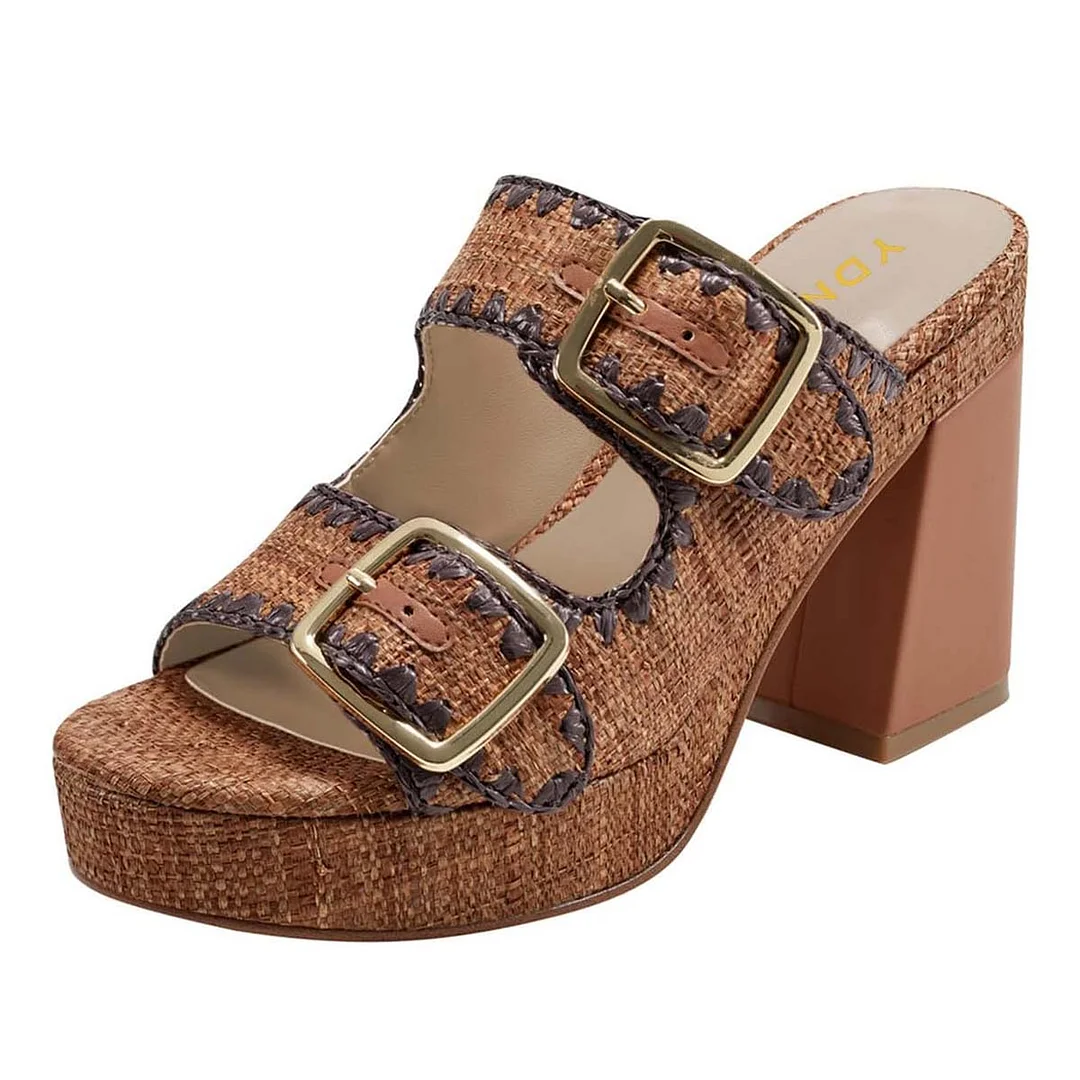 Brown Chunky Heel Double Buckle Strap Open Toe Mules Sandals