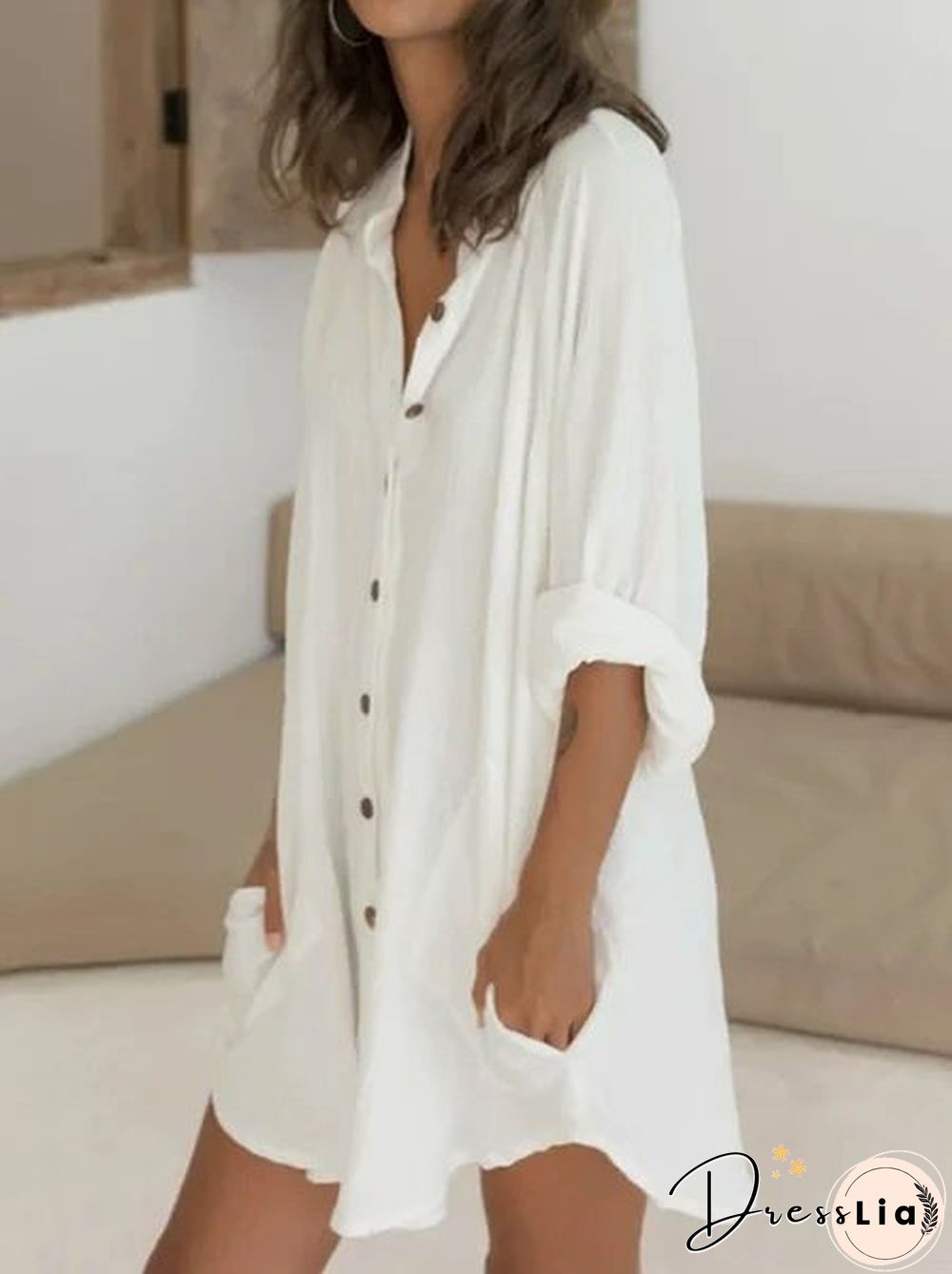 Women Casual Half Sleeve Linen Plain Mini Dresses