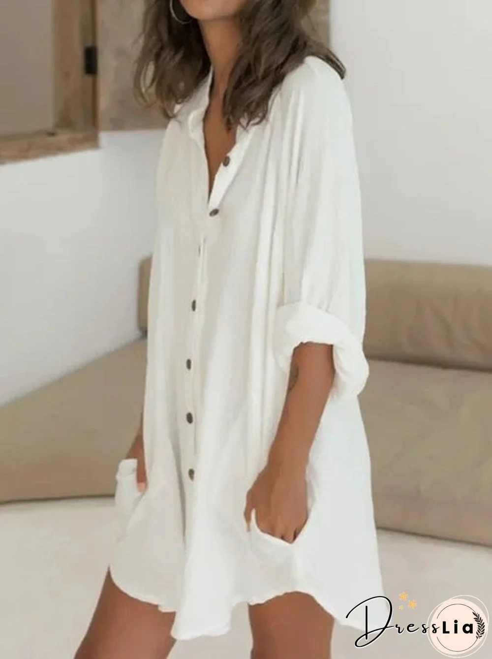 Women Casual Half Sleeve Linen Plain Mini Dresses