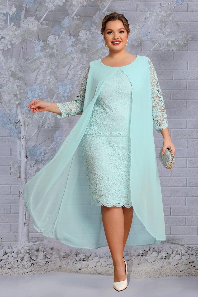 Flycurvy Plus Size Mother Of The Bride Mint Green Chiffon Lace 3/4 Sleeve Fake Two Pieces Midi Dress  flycurvy [product_label]