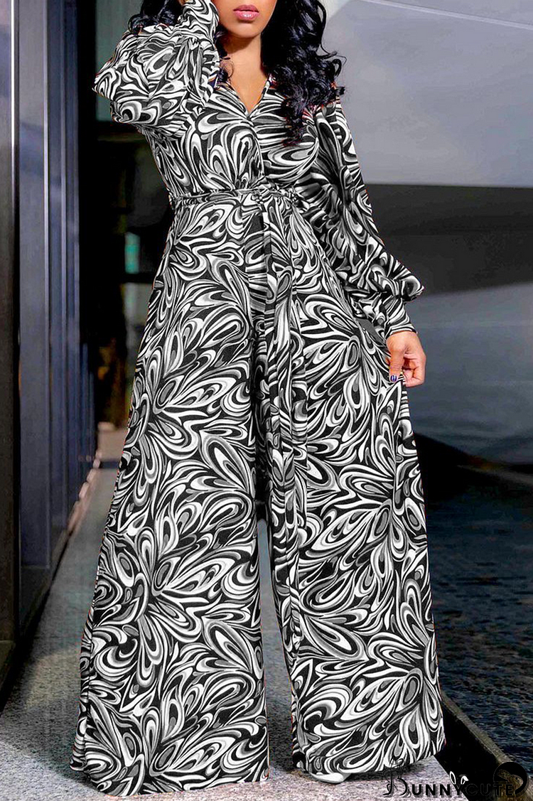 Black White Casual Print Split Joint Turndown Collar Straight Jumpsuits