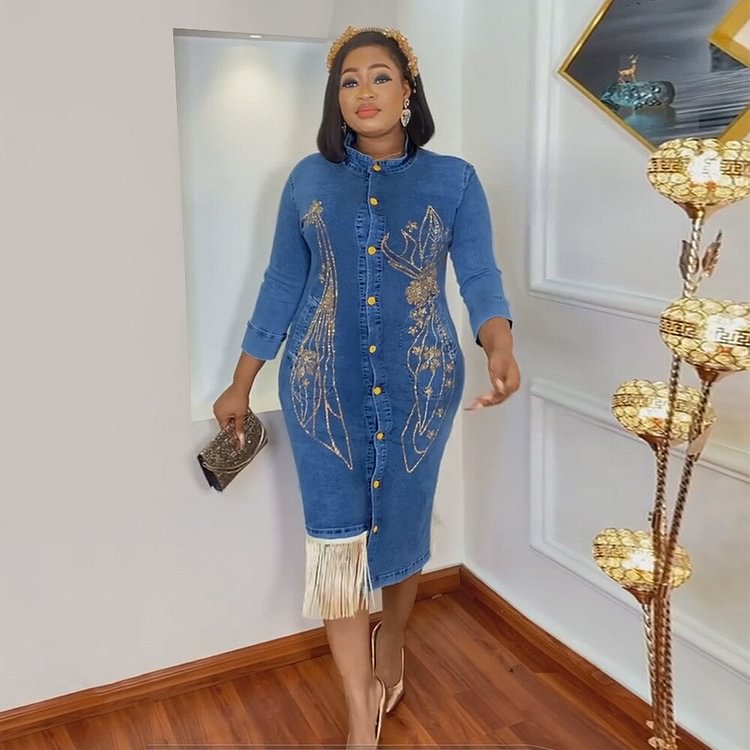 African Americans fashion QFY African Denim Dresses For Women Traditional Ankara Dashiki Tassel Robe Boubou Africain Femme 2022 Autumn Winter Outfits Ankara Style QueenFunky