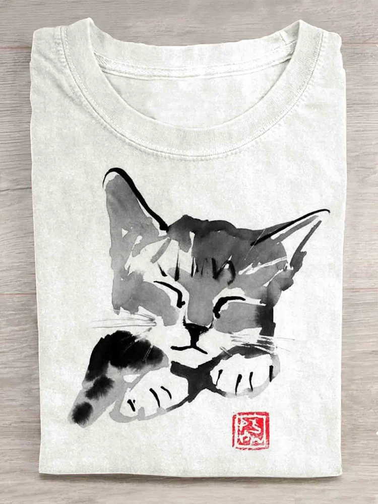 Line Drawing Sleepy Eyes Ink Black Cat Art Painting Printed Casual Sports T-shirt