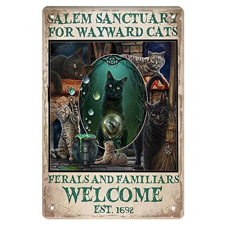 Cat - Salem Sanctuary For Wayward Cats Ferals And Familiars Welcome Vintage Vintage Tin Signs/Wooden Signs - 7.9x11.8in & 11.8x15.7in