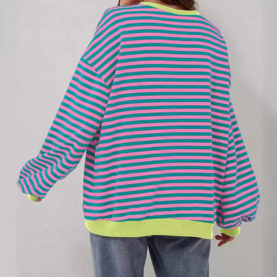Women's Casual Stripe Colorblock Pattern Round Neck Long Sleeve Pullover T-Shirt 