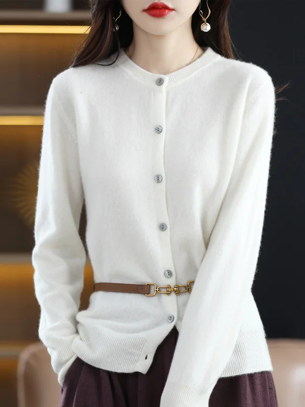 Long Sleeves Buttoned Elasticity Round-Neck Cardigan Tops Knitwear