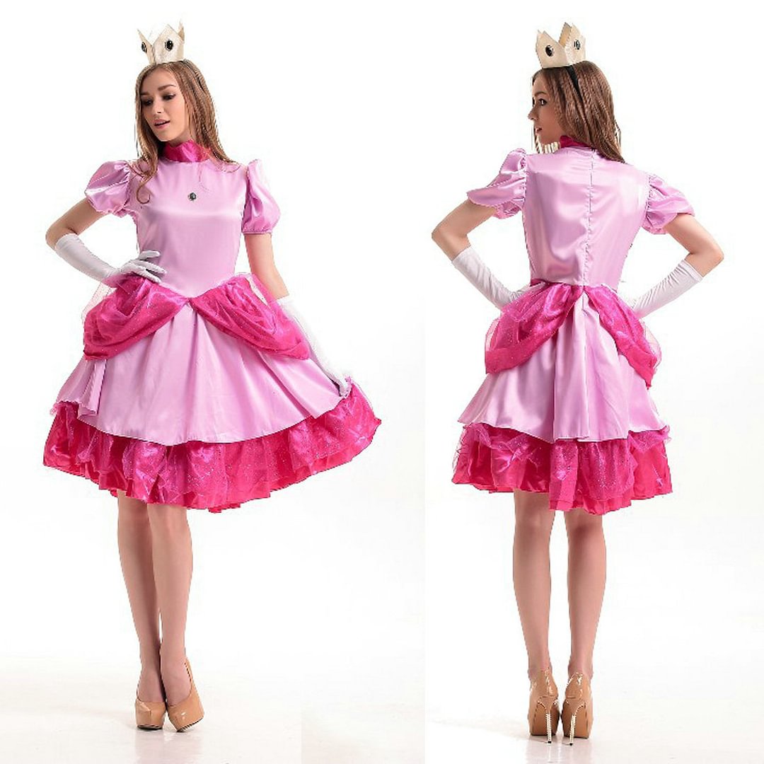 Super Mario Princess Peach Halloween Cosplay Costume Pink Dress-Pajamasbuy
