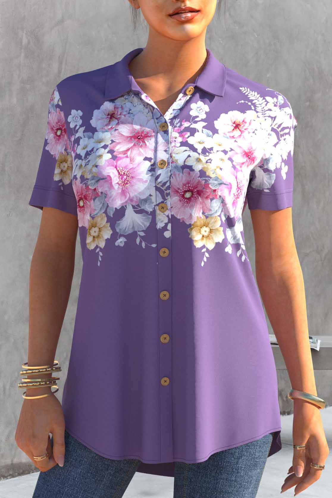 Plus Size Floral Print Button Stand Collar Short Sleeve Blouses