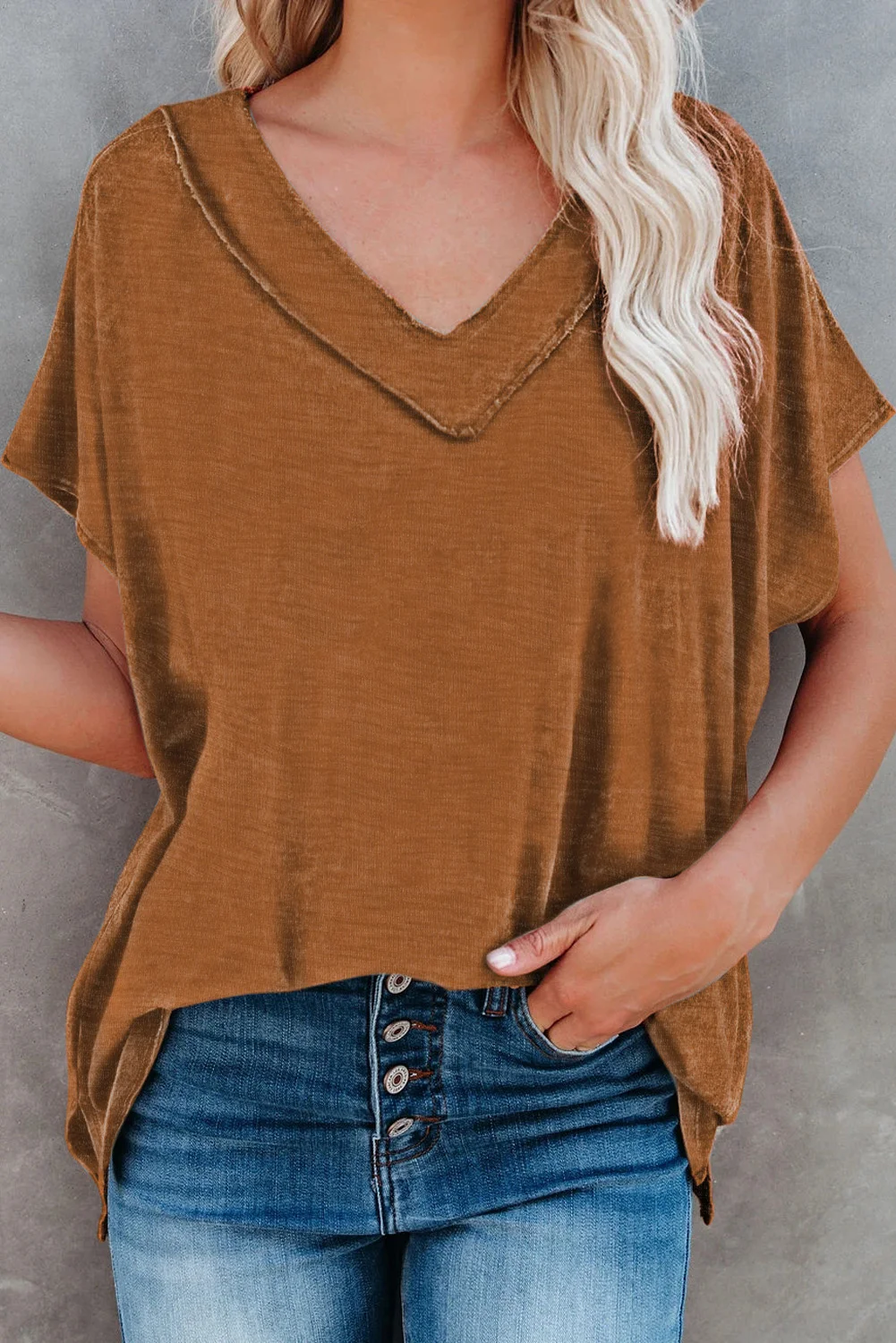 Oversized Mineral Wash Cotton Blend V Neck Short Sleeves Top | IFYHOME