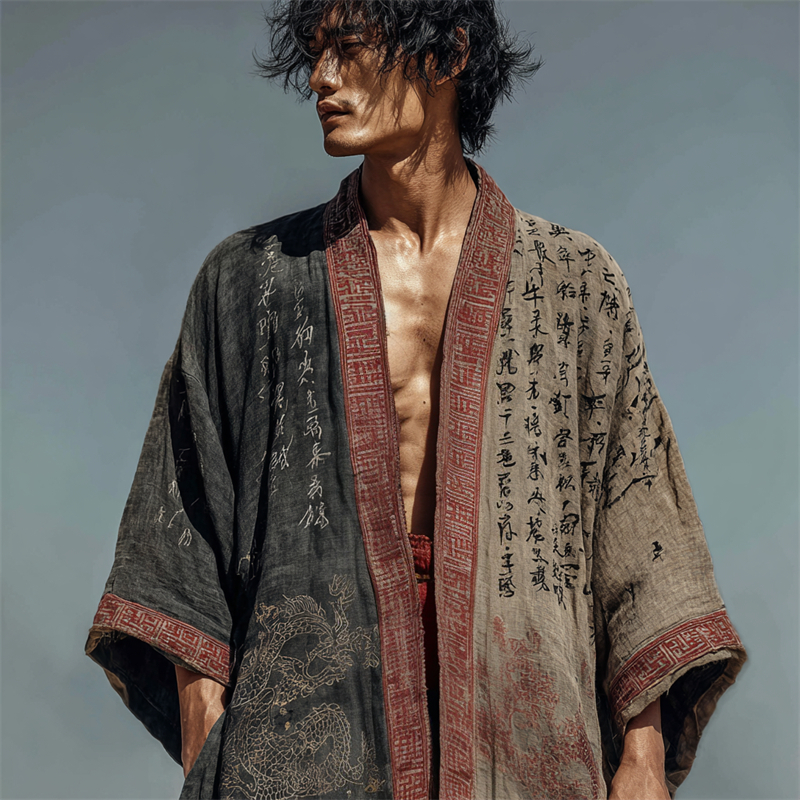 Men's Japanese Dragons Calligraphy Contrast Linen Kimono  artssus
