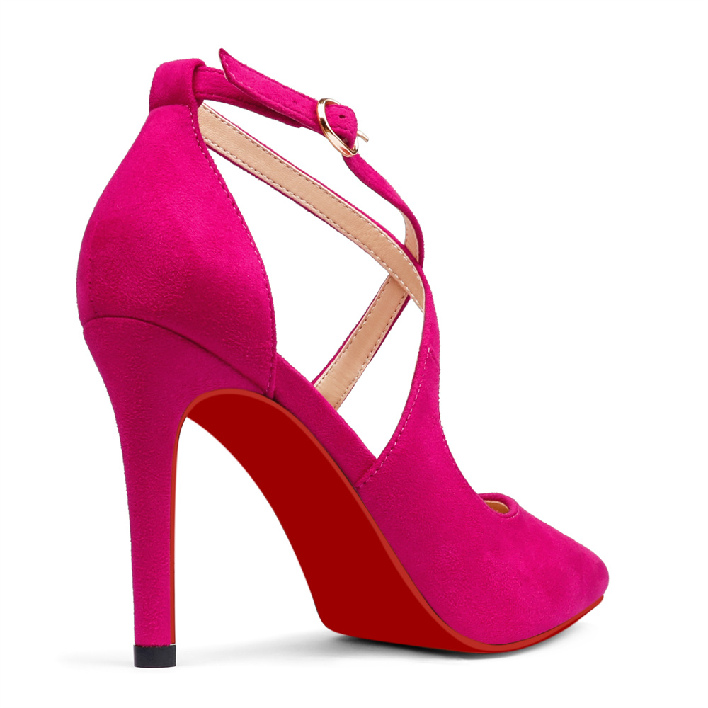95mm Women's Pointed Toe Cross Strap Heels Ankle Strap Sandals Red Bottoms Pumps Shoes Suede-MERUMOTE