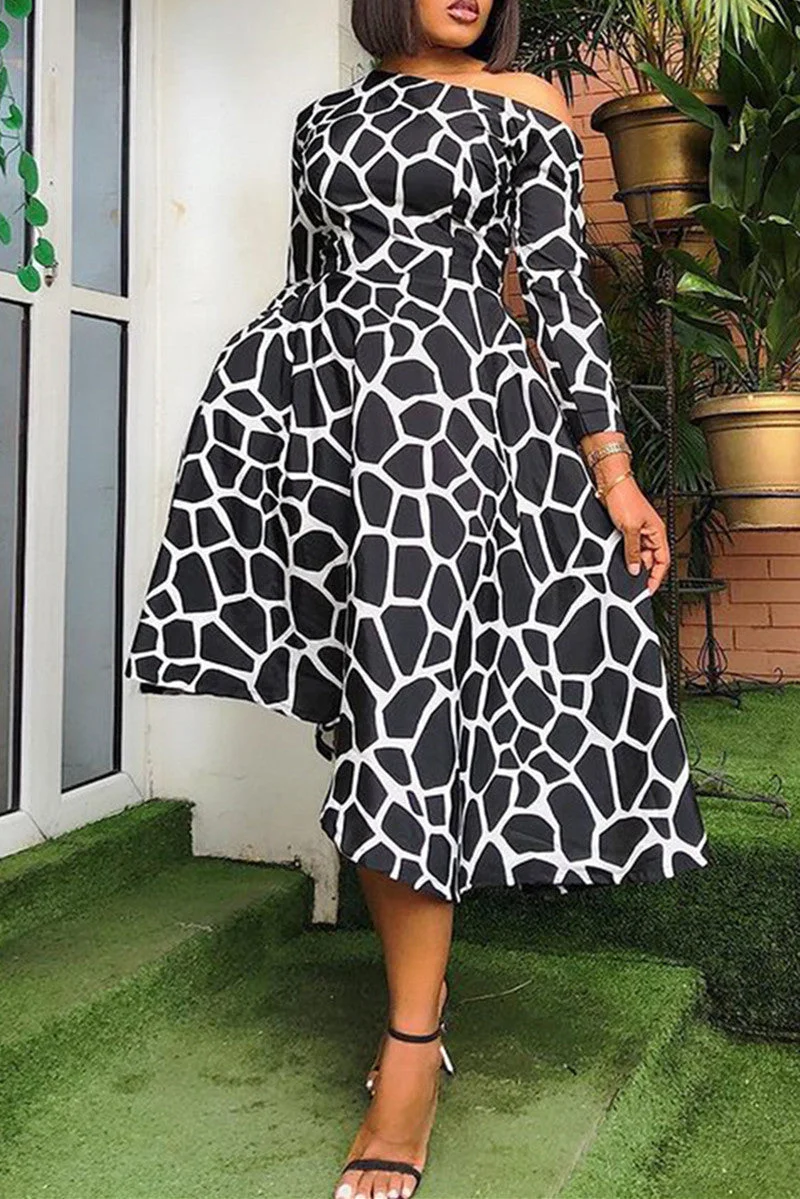 Fashion Sexy Print Basic Oblique Collar Long Sleeve Dresses