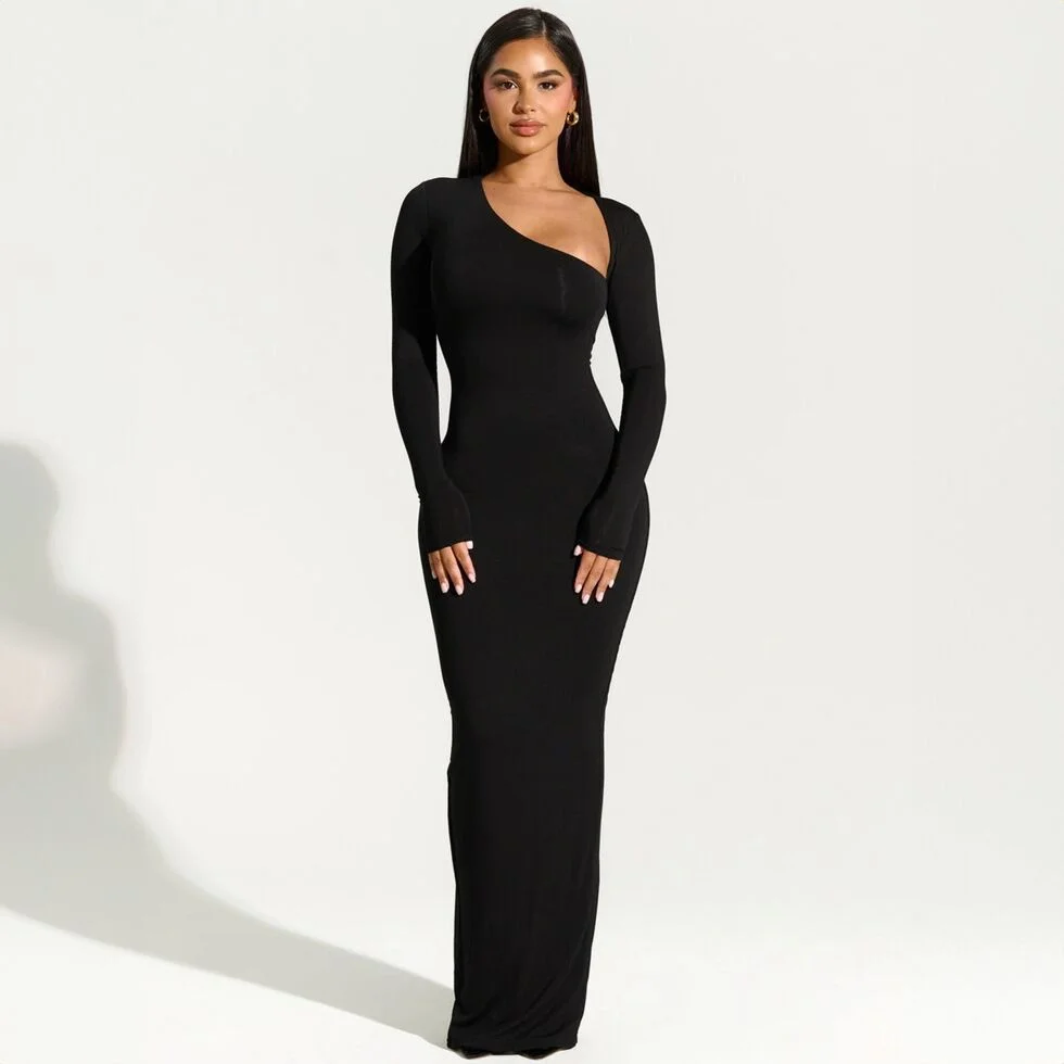 Brownm Brownm Women's Long Sleeve Oblique Collar Temperament Repair Behind The Fork Long Dress Woman