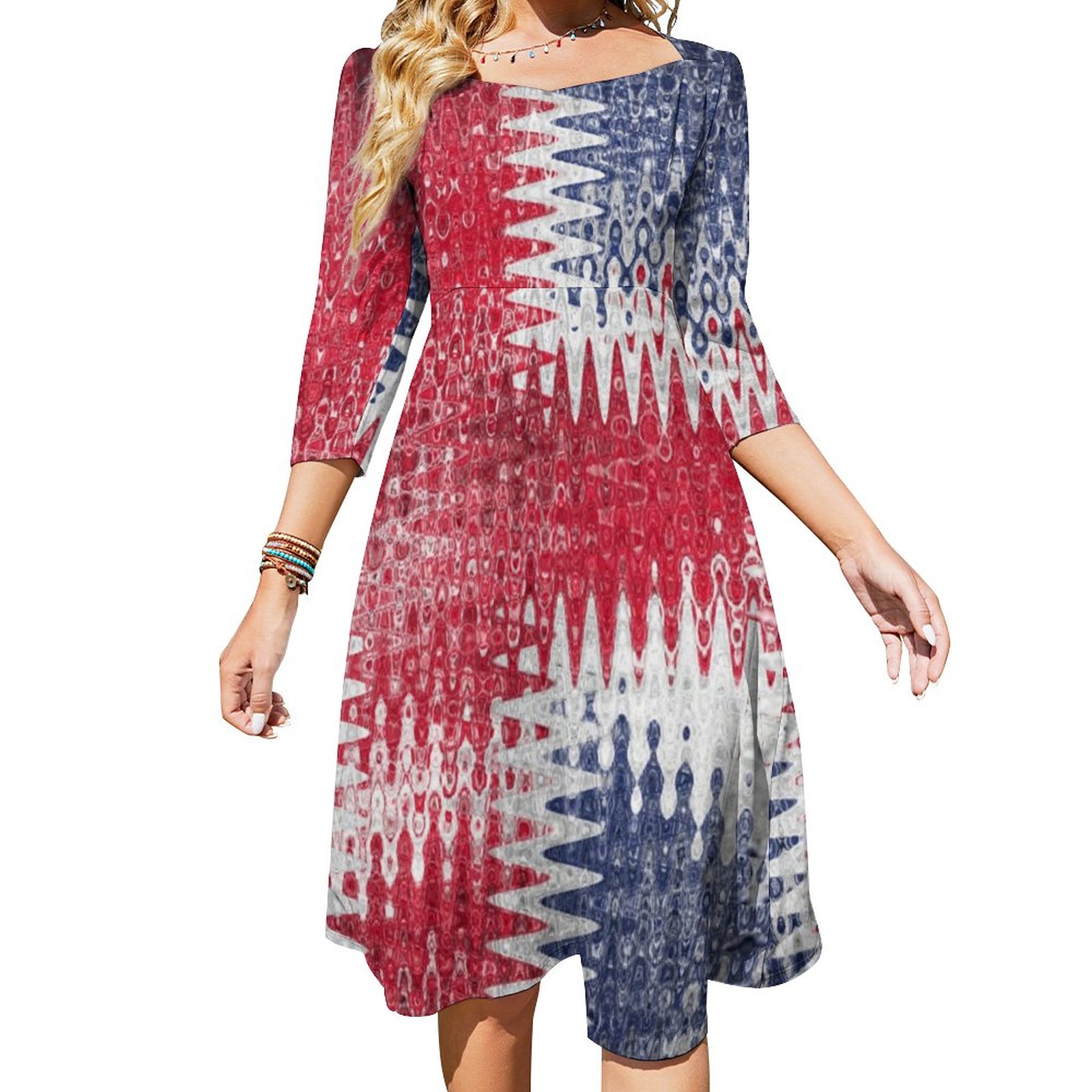 Bootyliscious Liquid Rave England Party Dress Sweetheart Tie Back Flared 3/4 Sleeve Midi Dresses