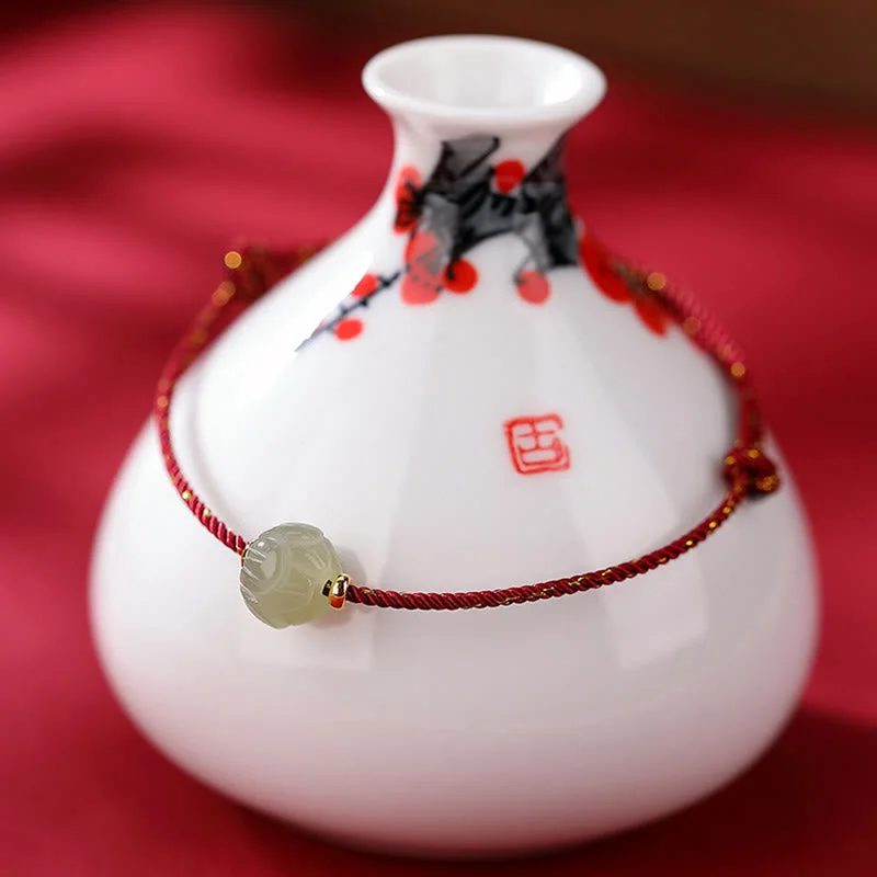 925 Sterling Silver Plated Gold Hetian Jade Lotus Luck Red String Bracelet