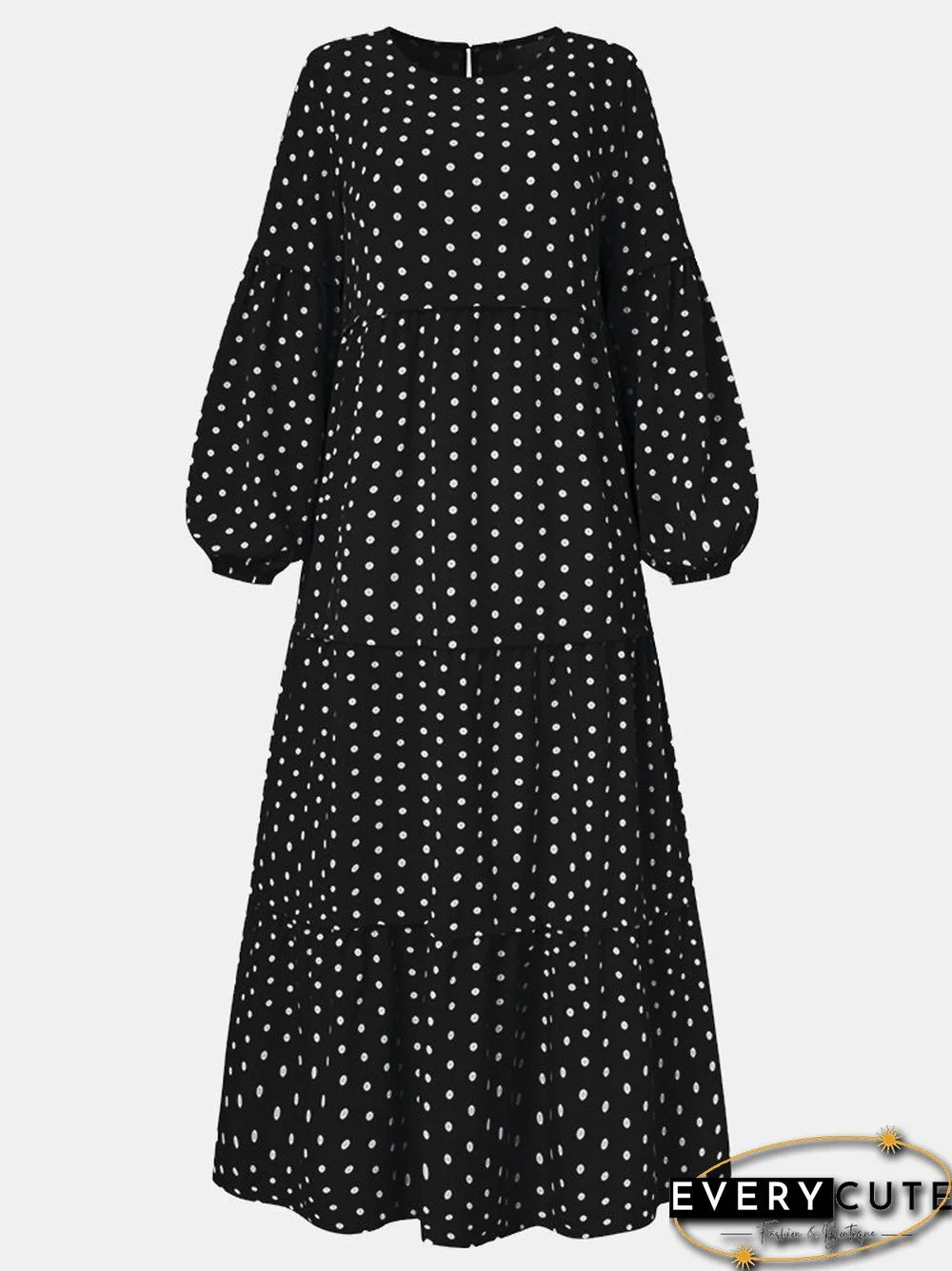 Polka Dot Print O-neck Puff Long Sleeve Patchwork Maxi Dress