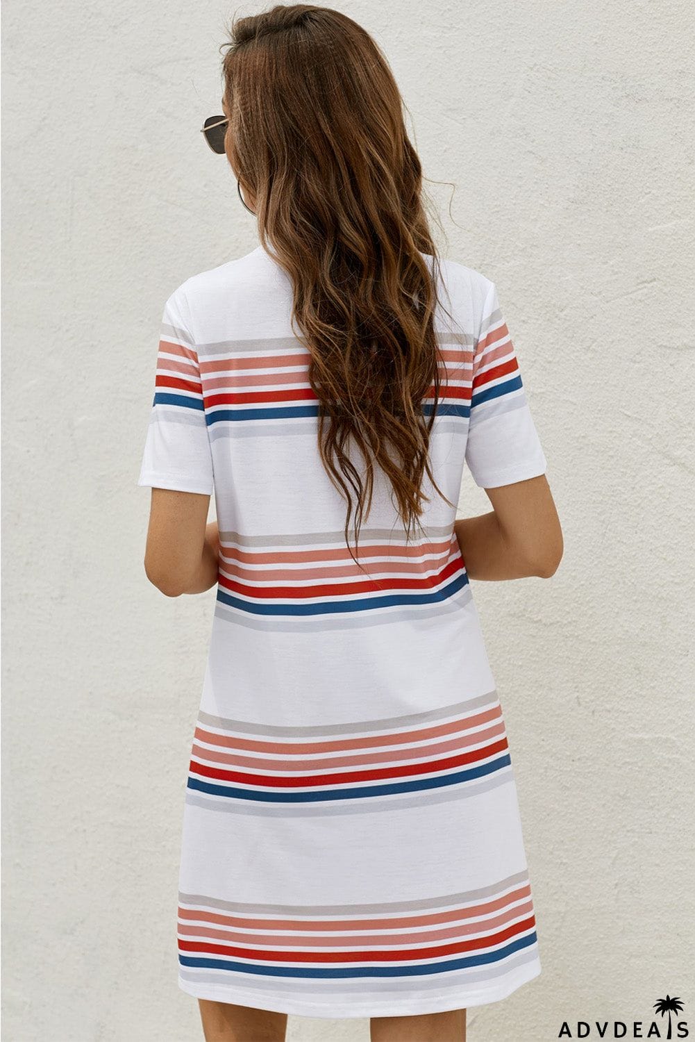 White Striped Print Round Neck Short Sleeve T-shirt Mini Dress
