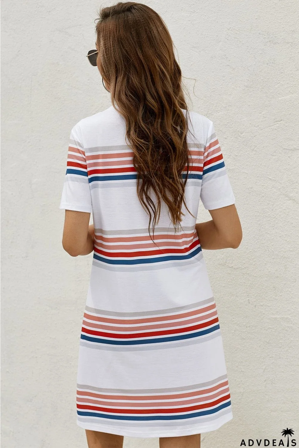 White Striped Print Round Neck Short Sleeve T-shirt Mini Dress