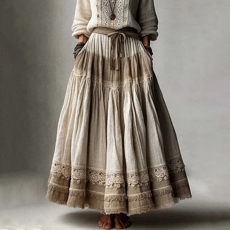 Utbros Vintage Lace Embroidered Art Linen Blend Skirt