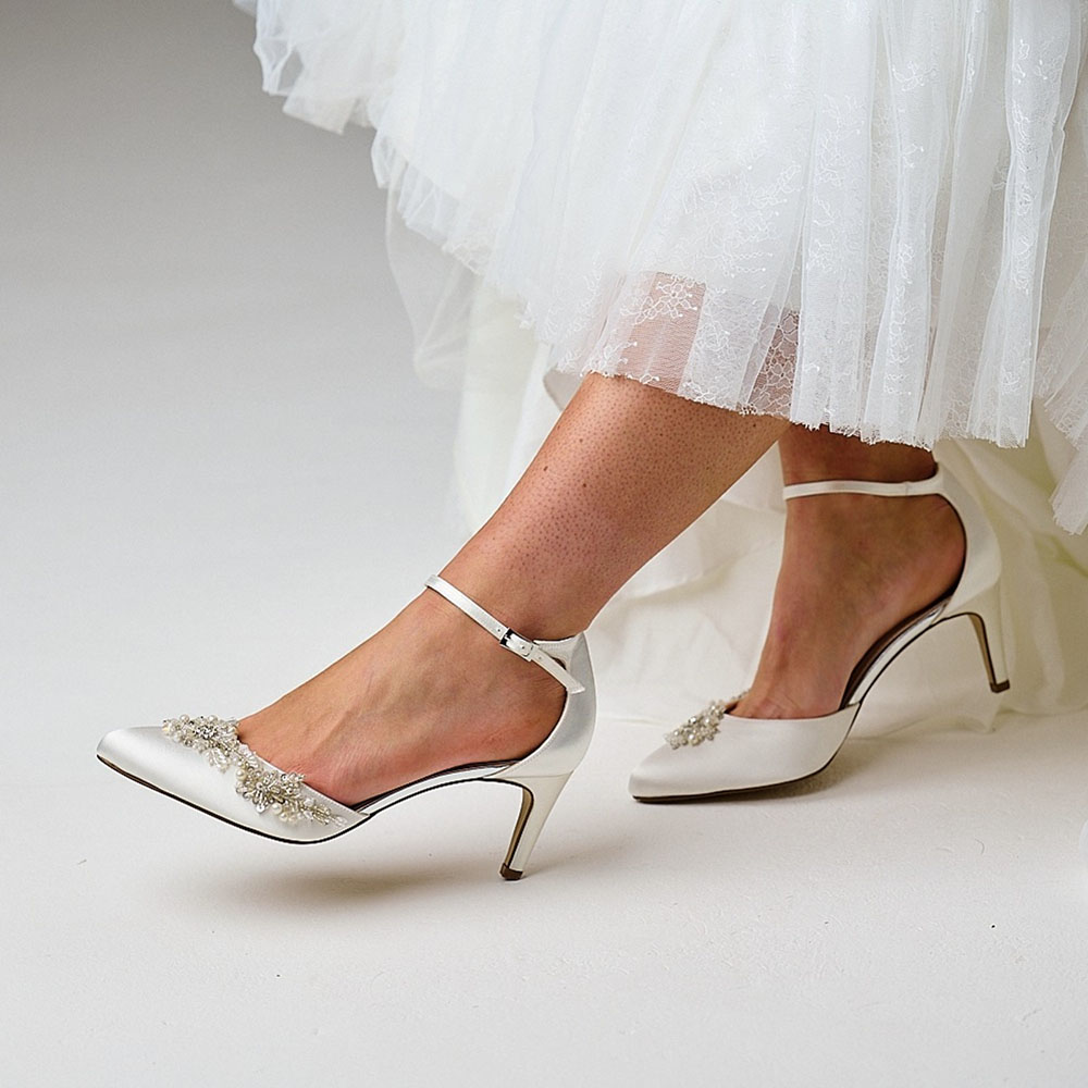 Ivory Satin Pointed Toe Kitten Heel Rhinestone Ankle Strap Pumps Nicepairs