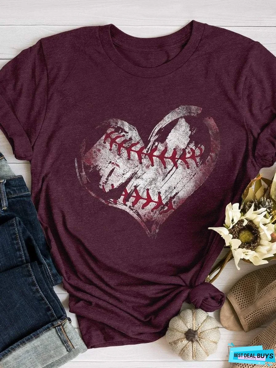 Retro Baseball Heart Print Short Sleeve T-shirt