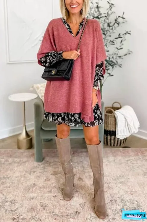 Chicest V Neck Loose Fit Solid Poncho Sweater