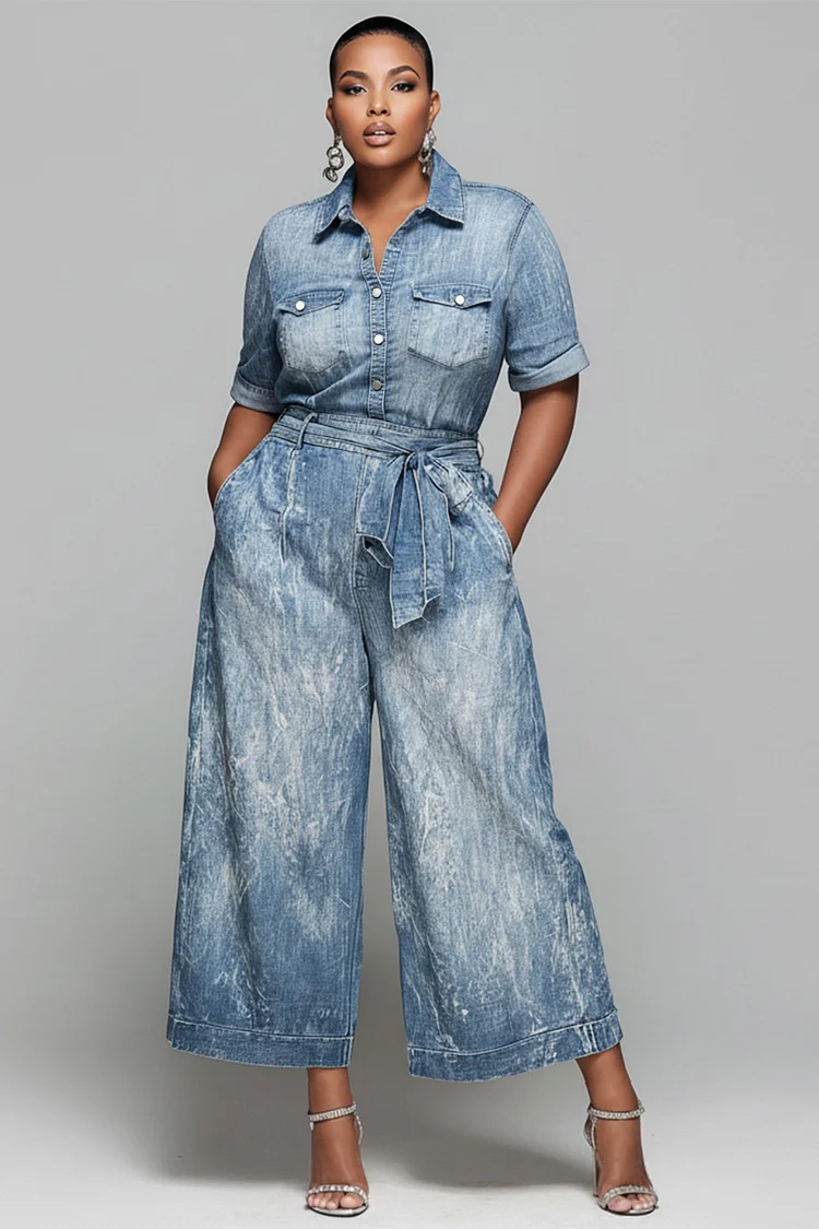 Xpluswear Design Plus Size Business Casual Light Blue Shirt Collar Short Sleeve Pocket Wide Leg Denim Two Piece Pant Sets [Pre-Order] 2024 - Xpluswear