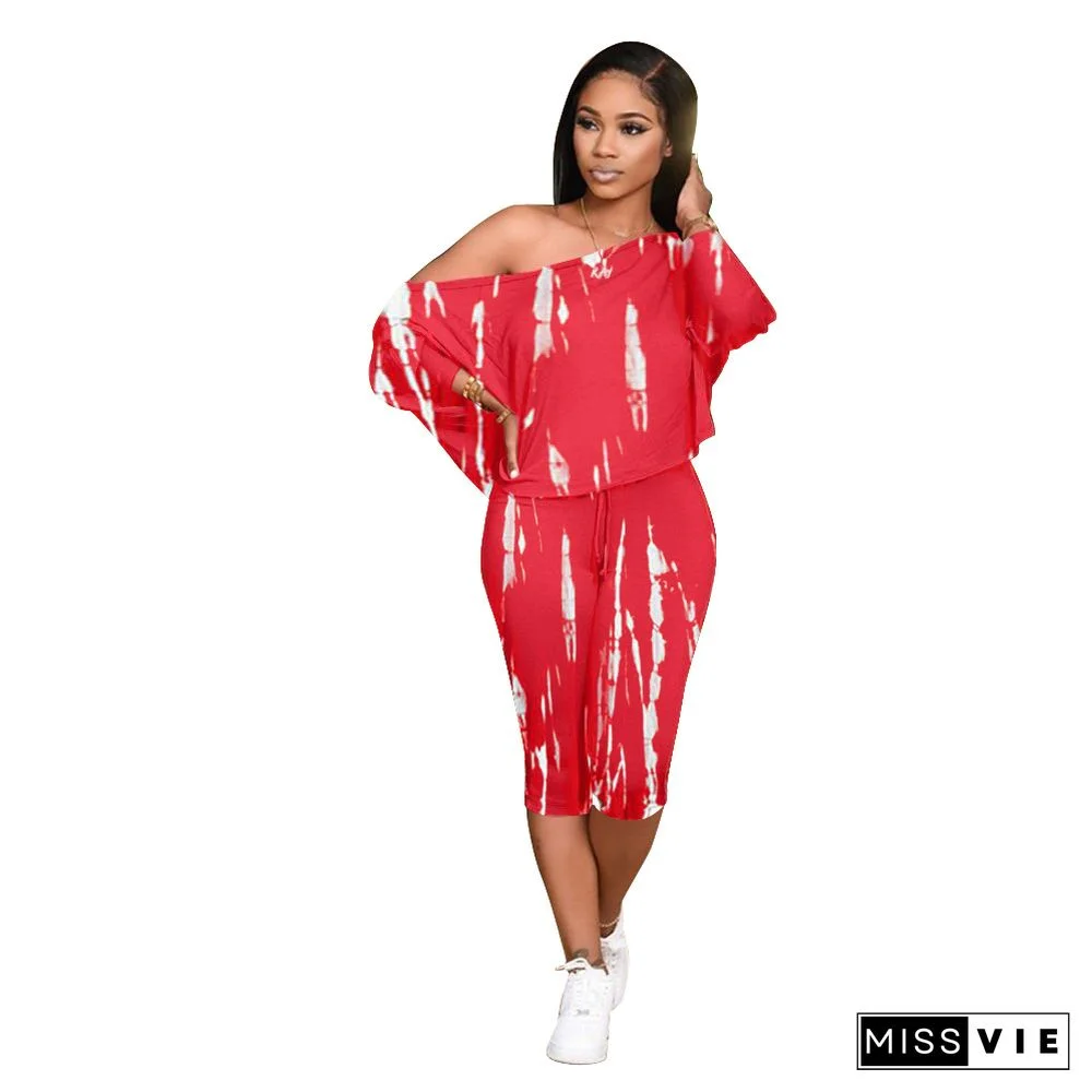 New Women Sexy Tie Dye Print Three-Quarter Sleeve Loose Top Cropped Trousers 2 Piece Set