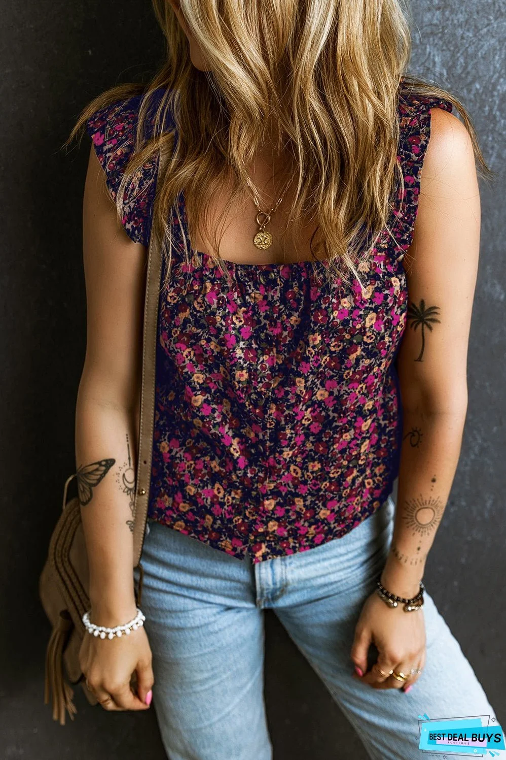 Boho Frilled Straps Floral Tank Top