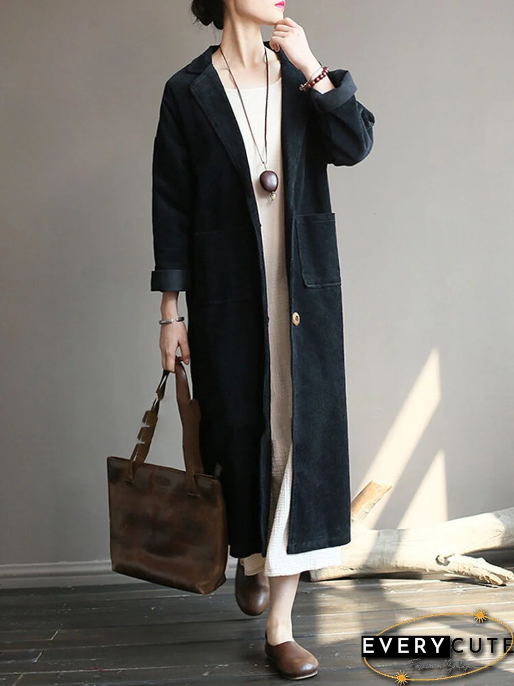 Lapel Solid Color Long Sleeve Corduroy Vintage Long Coat