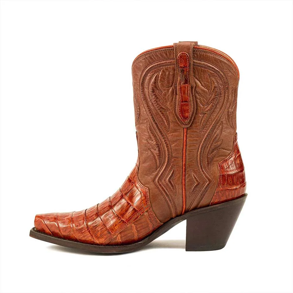 Tan Snip Toe Croc Embossed Women's Western Boots with Chunky Heel
