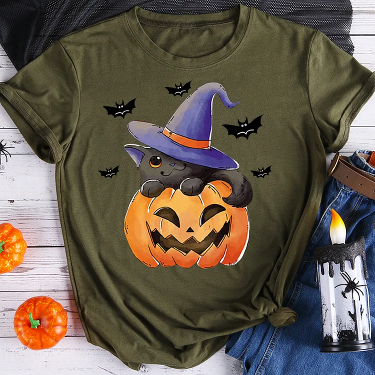 Pumpkin and black cat halloween t shirt tee