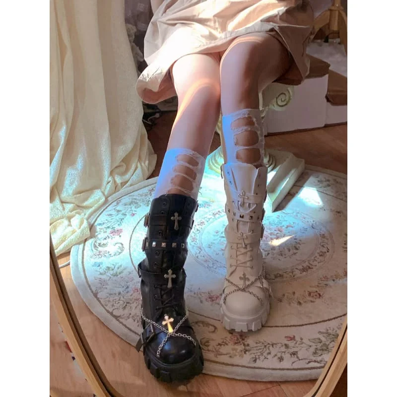 Black White Punk Cross Chains Boots ON175
