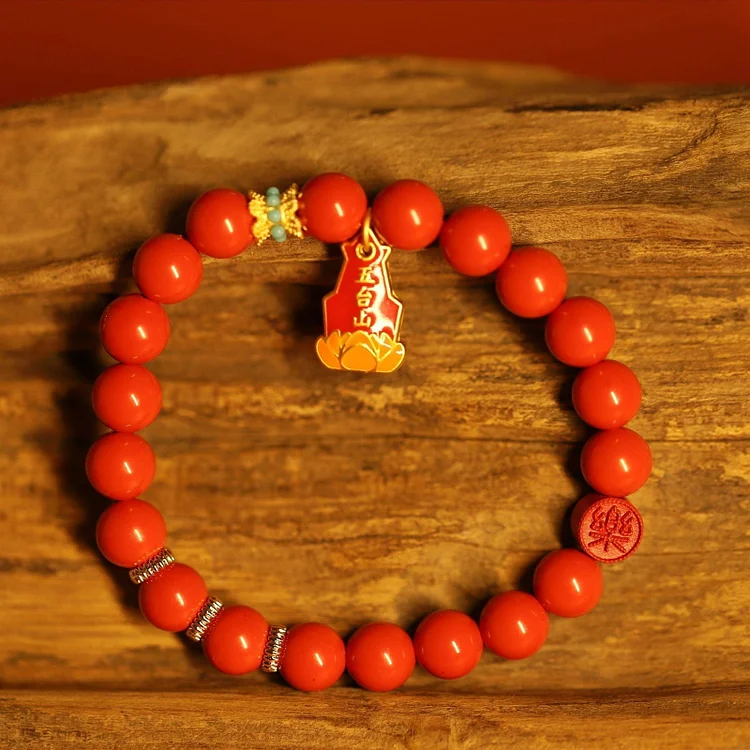 Thangka Buddha Cinnabar 'Peace and Joy' Bracelet with Mount Wutai Charm