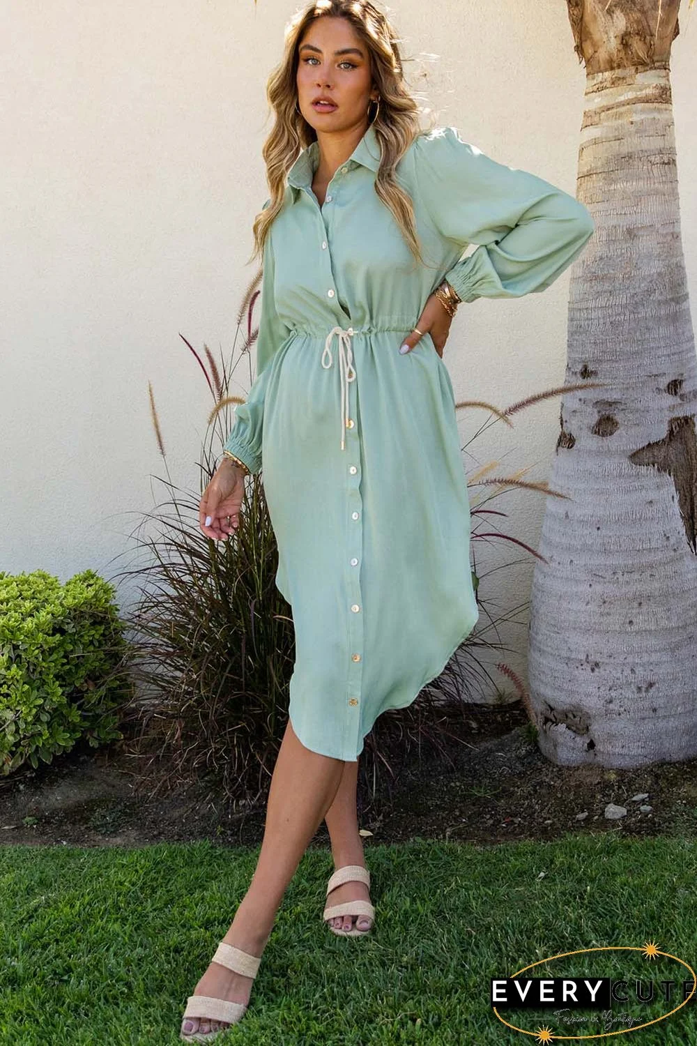 Green Solid Button Front Drawstring Shirt Dress