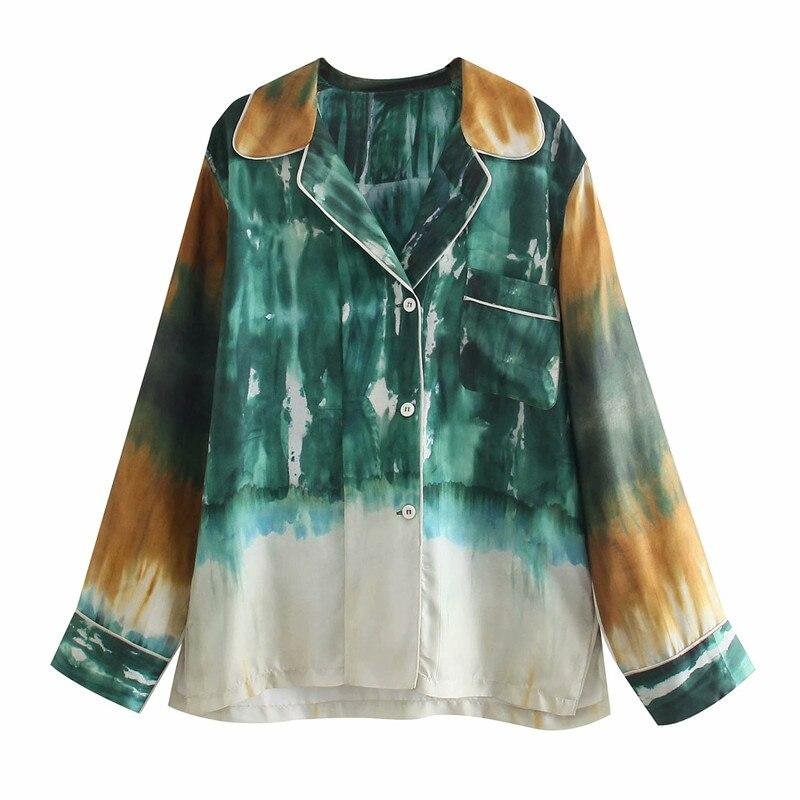 PUWD Oversize Women V Neck Single-breasted Blouse Suit 2021 Summer Fashion Ladies Tie-Dye Pants Suits Ladies Chic Loose Sets