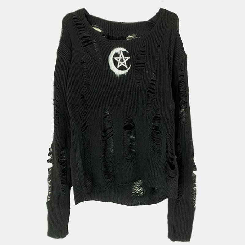 Rock Long Sleeve Round Neck Hollow Out Sweater