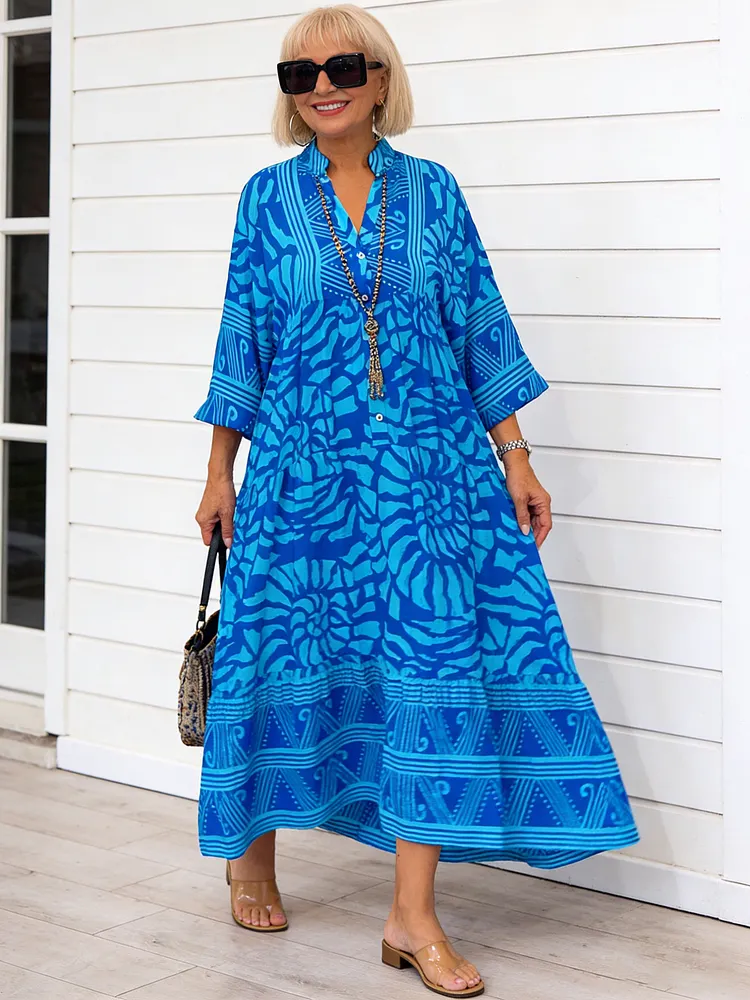 Printed Loose V-neck Flower Dress