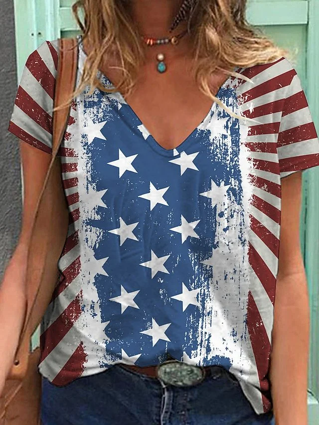 Women's Flag Top American Flag Print Short Sleeve V-Neck T-Shirt